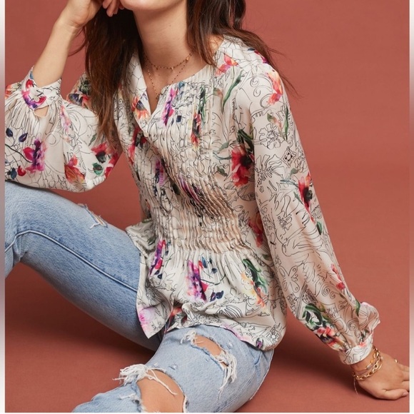 Anthropologie Geisha Barnes Pintucked Ivory Floral Abstract  Button Down Shirt - Picture 2 of 12